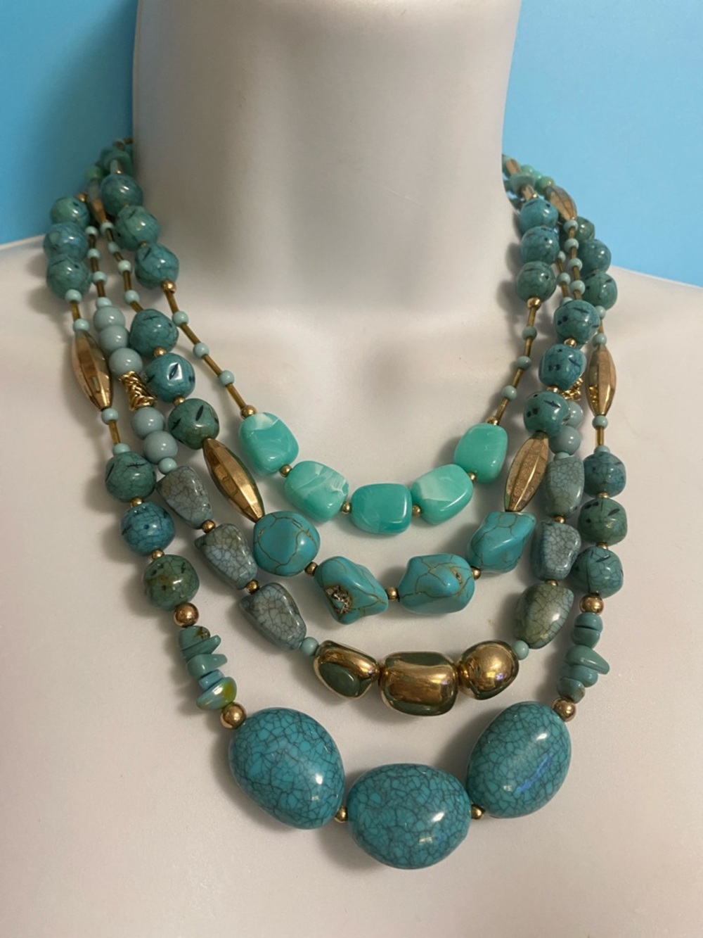 Turquoise Acrylic Beads Multi-Strand Statement Necklace Gold Tone